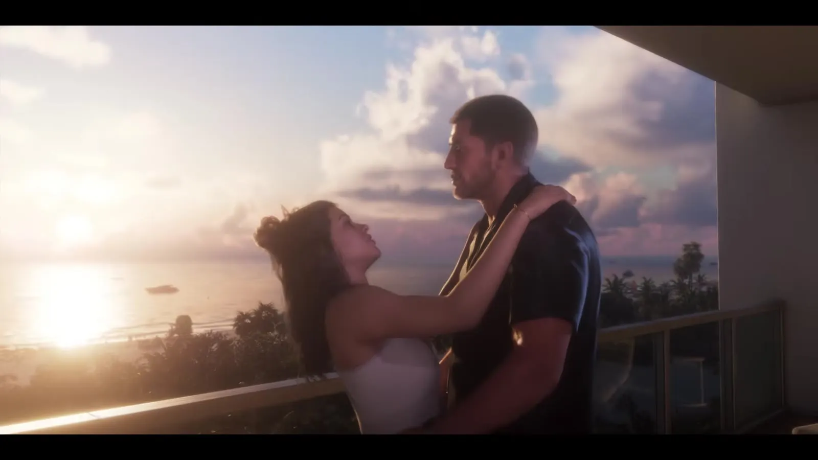 Jason und Lucia umarmen sich bei Sonnenuntergang auf einem Balkon, aus dem GTA 6 Launch Trailer