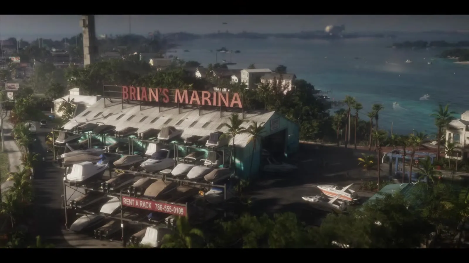 Brian's Marina, ein Bootslager mit Hochregalen am Wasser, aus dem GTA 6 Launch Trailer
