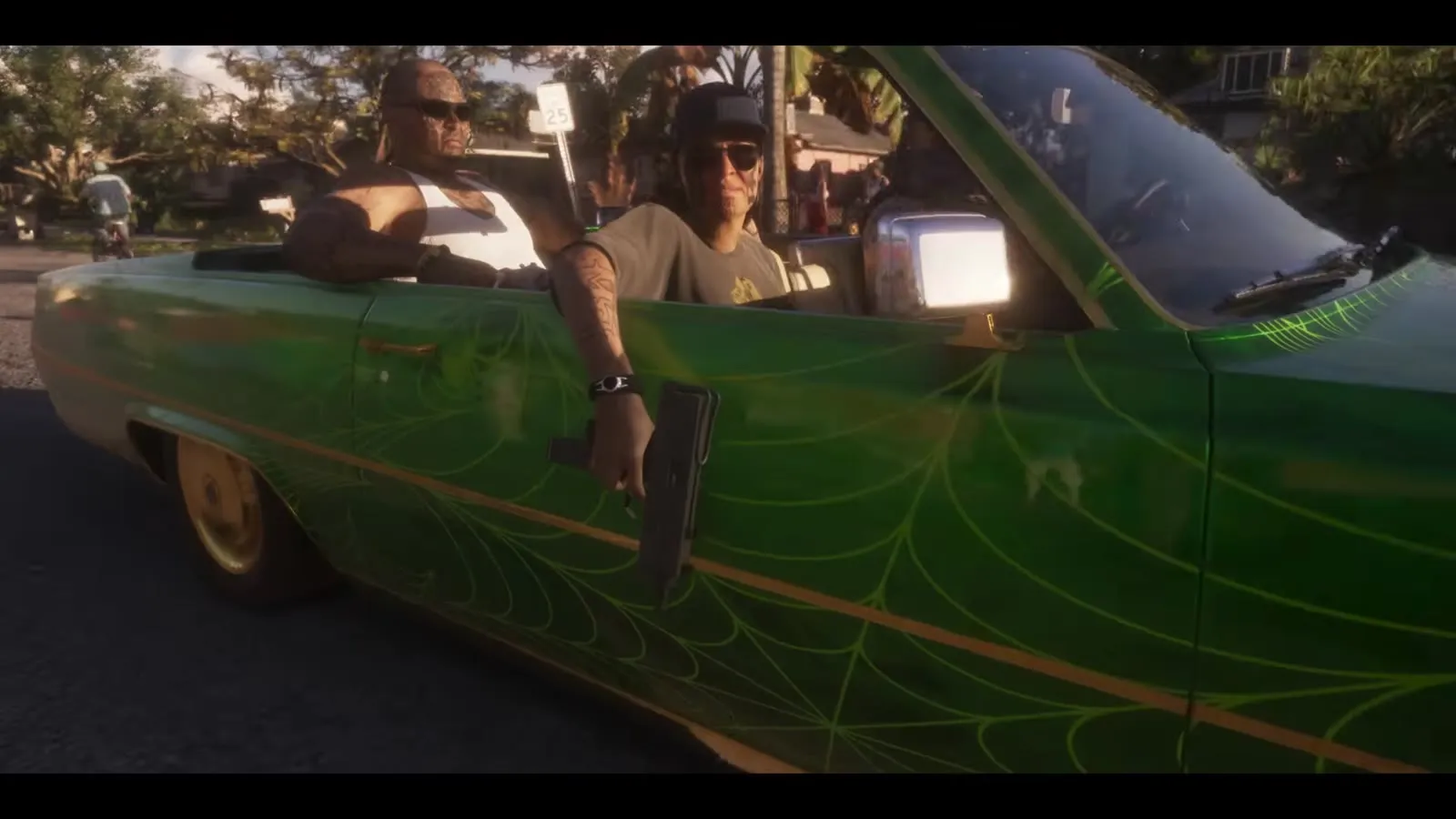 Drei bewaffnete Männer in einem grünen Lowrider mit Spinnennetz-Lackierung, aus dem GTA 6 Launch Trailer