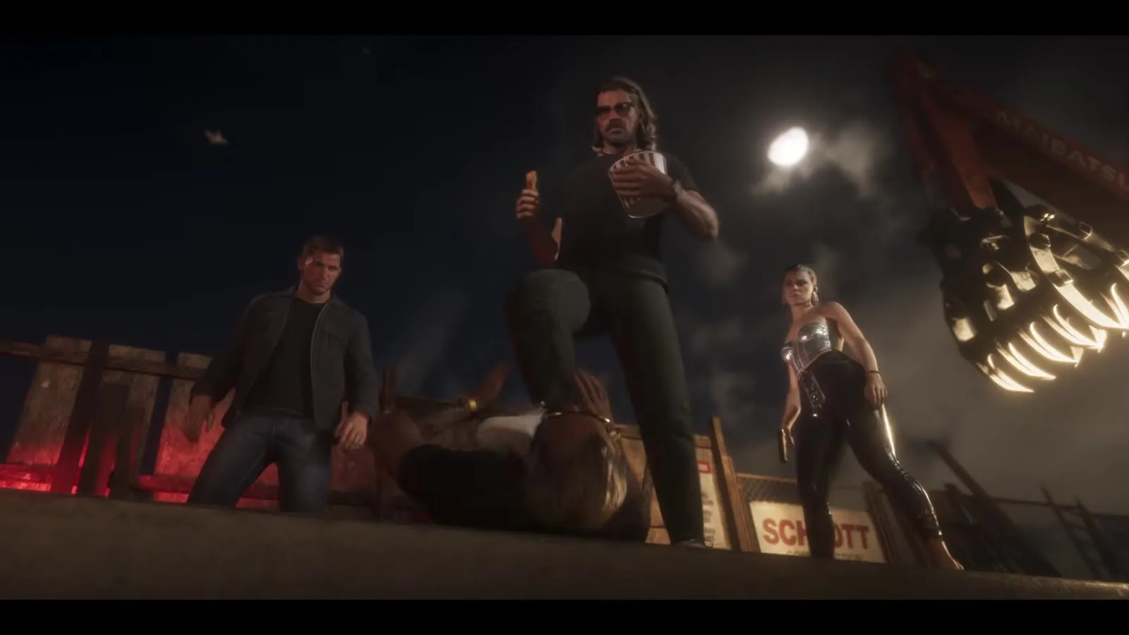 Eine nächtliche Konfrontation auf einem Dach mit Jason und zwei weiteren Figuren, aus dem GTA 6 Launch Trailer