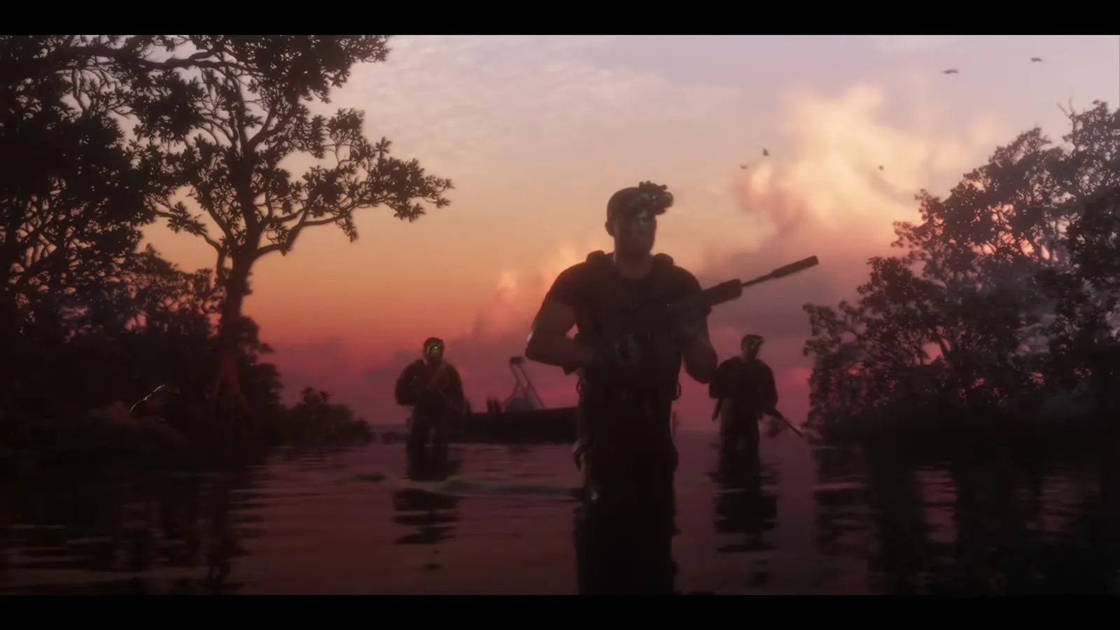Bewaffnete Männer waten bei Sonnenuntergang durch einen Mangrovensumpf, aus dem GTA 6 Launch Trailer