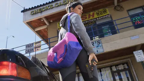 Lucia leaving a check-cashing storefront with a pink duffel bag and a pistol in her hand