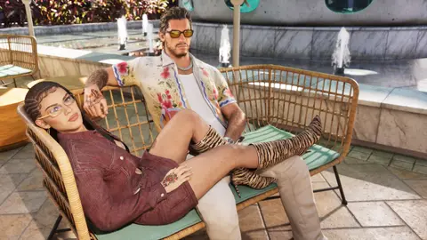Lucia and Jason in Vice City resort clothes by a pool, from the official Ultimate Edition render pack