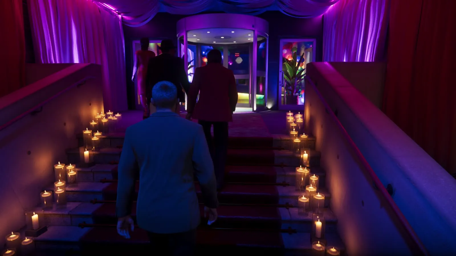 The neon-lit stairway entrance to the Megamundo party, from the GTA 6 Extended Look