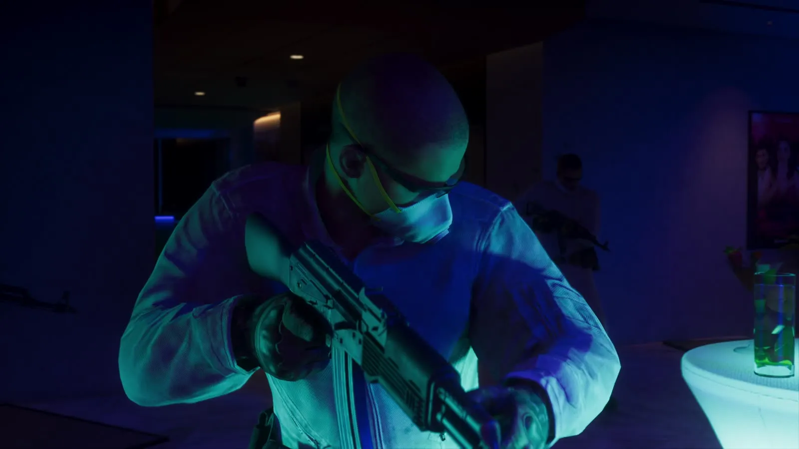 A masked gunman inside the Megamundo building during the raid, from the GTA 6 Extended Look