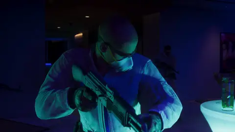 A masked gunman inside the Megamundo building during the raid, from the GTA 6 Extended Look