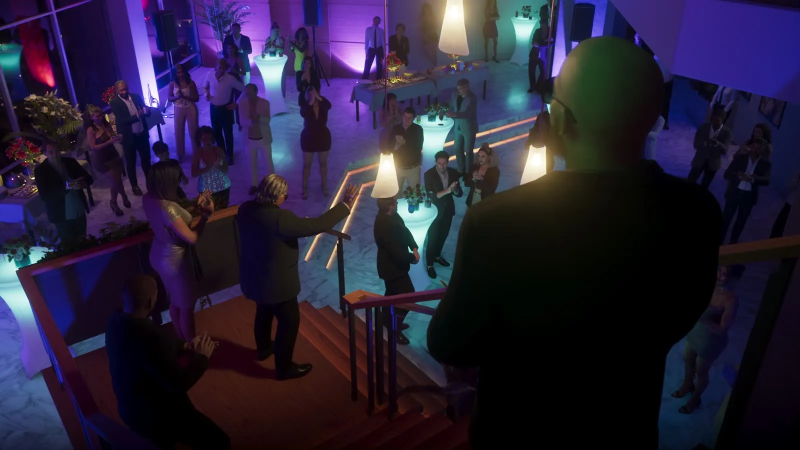 An armed man watching the Megamundo party from a balcony, from Grand Theft Auto VI, An Extended Look
