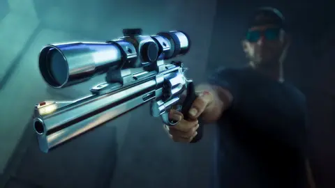 A scoped Hawk & Little Morgan revolver being aimed, official Rockstar render