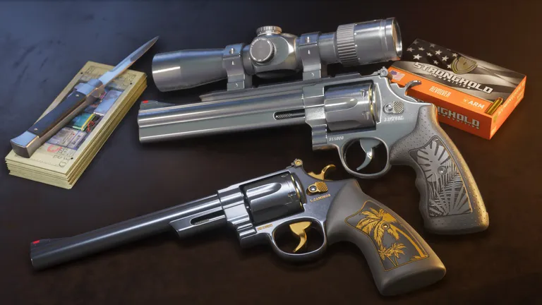 Offizieller GTA-VI-Ultimate-Edition-Render: die Hawk-&-Little-Morgan-Revolver als Paar, Palmen in die Griffe geätzt und die Gravuren J. Duval und L. Caminos