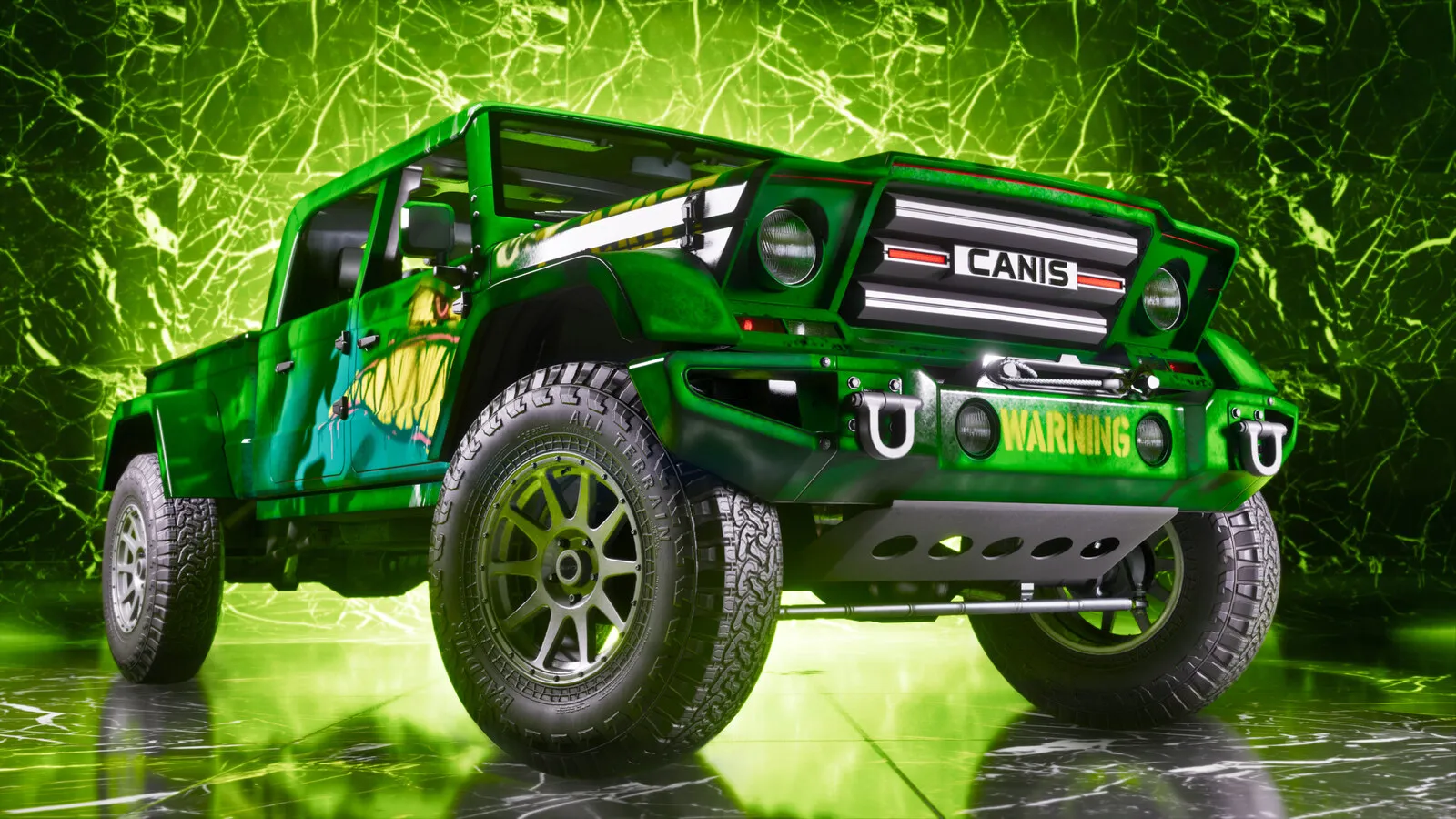 Official Rockstar render of a green lifted off-roader with a light bar and cage inside One-Eyed Willie's, a GTA VI Ultimate Edition shop
