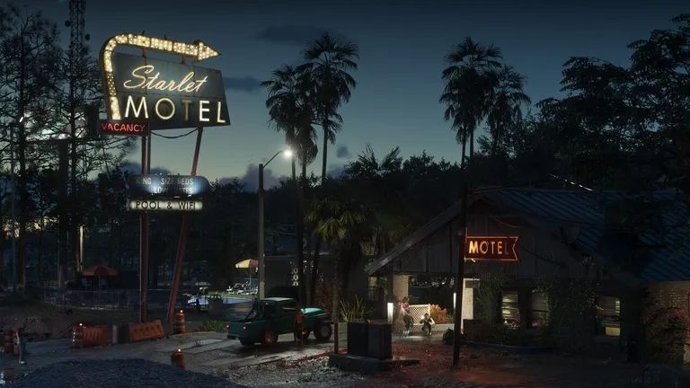 Port Gellhorn official screenshot from the GTA VI website - a motel at night with its vacancy sign lit up