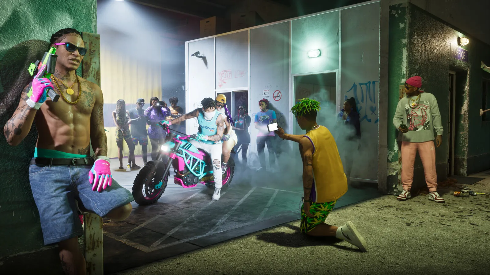 Official Rockstar render of the PTT Youngin$ illegal goods store, a neon-lit corridor with customised guns and a sport bike, a GTA VI Ultimate Edition shop