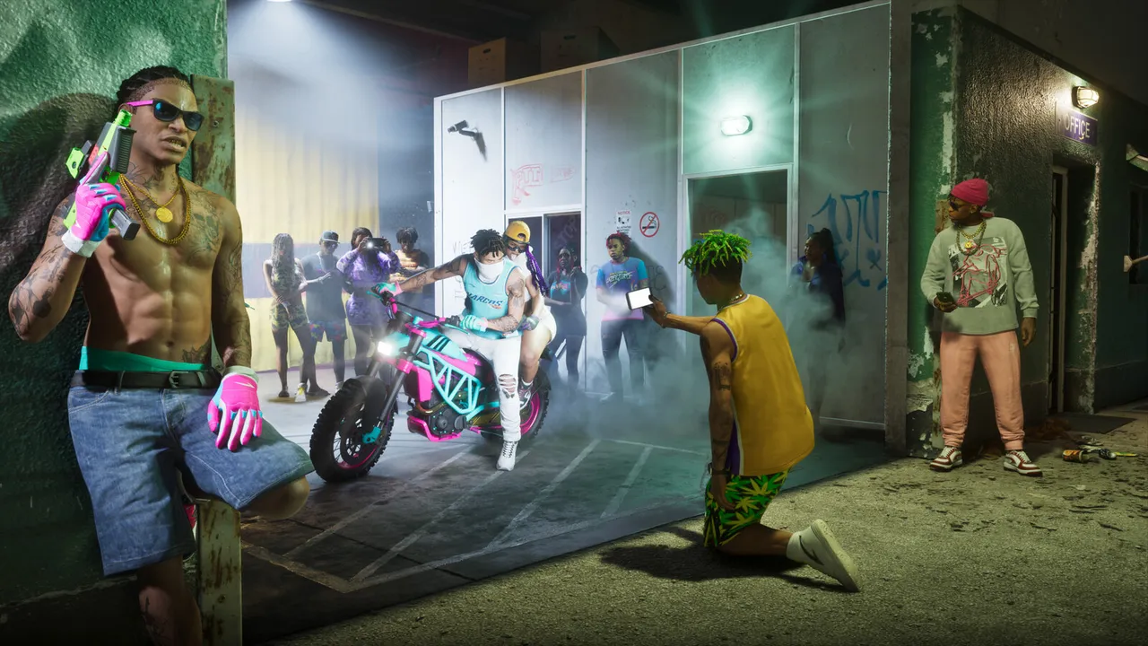 Render ufficiale Rockstar del negozio di merce illegale PTT Youngin$, un corridoio al neon con armi personalizzate e una moto sportiva, un negozio della Ultimate Edition di GTA VI