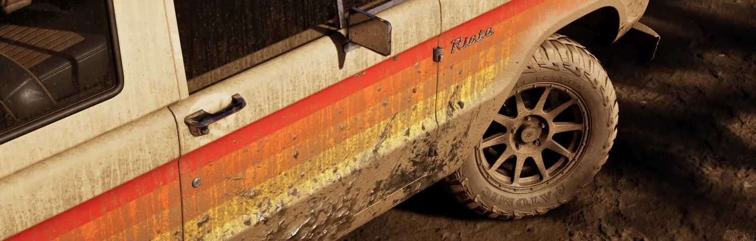 The Riata script badge on the front wing of the mud-covered pickup, official Rockstar render
