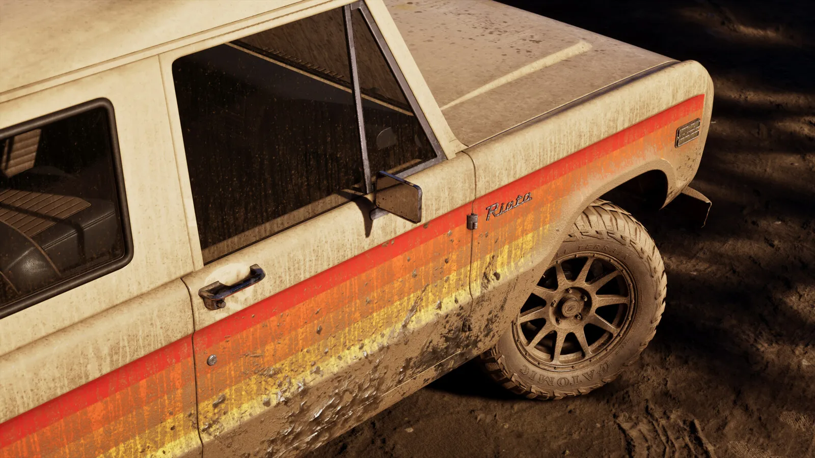 Official Rockstar render of a mud-covered Riata pickup with a red and yellow sunset stripe, part of the GTA VI Ultimate Edition car collection