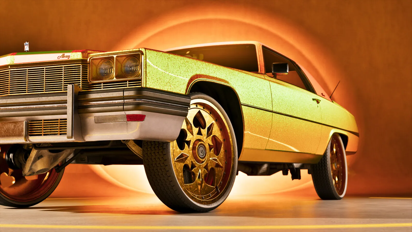 Official Rockstar render of a lowrider on gold wheels lit inside Rideout Customs, a GTA VI Ultimate Edition shop
