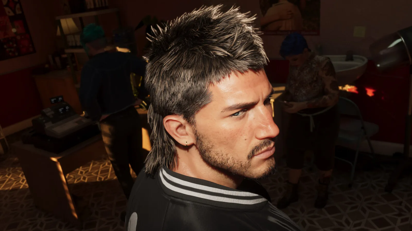 Jason with a mullet inside Sara's Unisex Salon, official Rockstar render