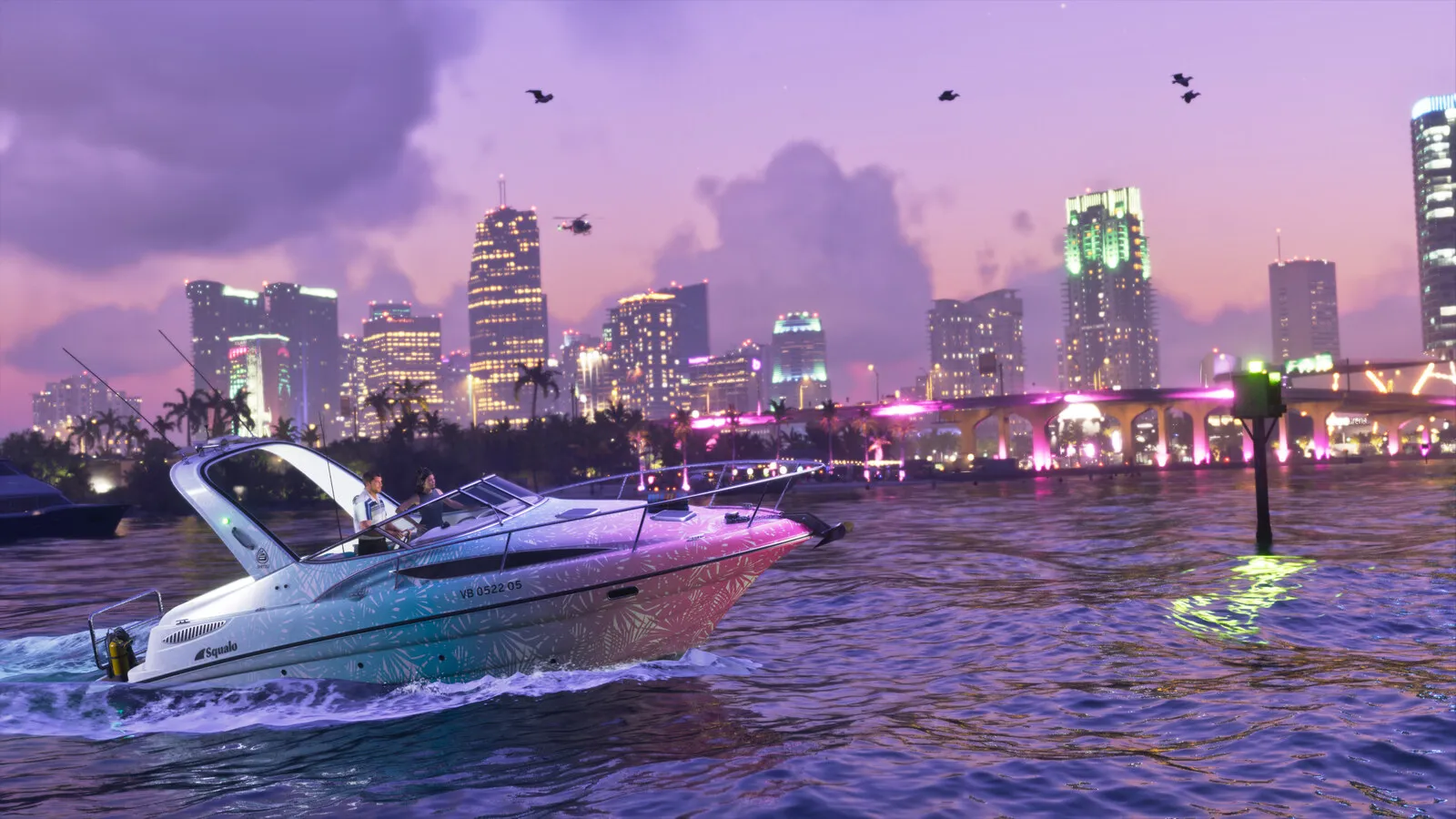 Official Rockstar render of the Shitzu Squalo, a white sport fishing boat running across the bay at dusk with the lit Vice City skyline behind it, a GTA VI Ultimate Edition vehicle