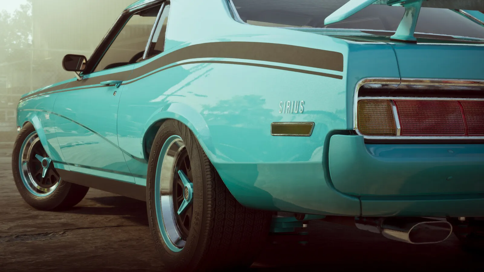 Official Rockstar render of a turquoise 1970s Sirius coupe on chrome wheels, part of the GTA VI Ultimate Edition car collection