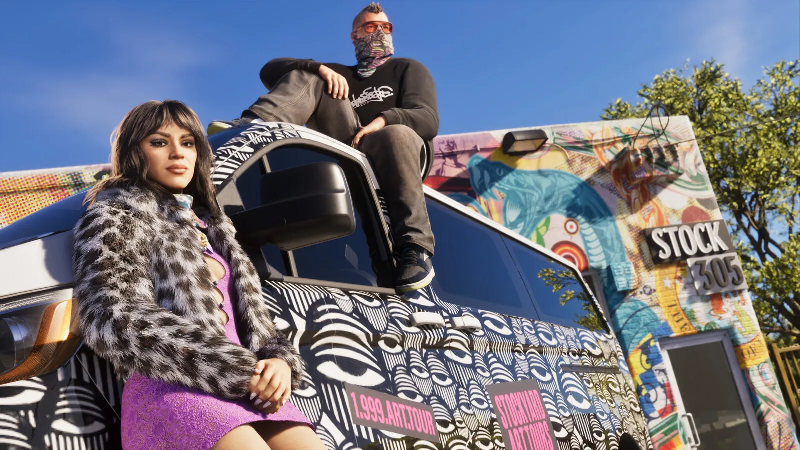 Official Rockstar render of two people in Stock 305 clothing sitting on a hand-painted van, a GTA VI Ultimate Edition store