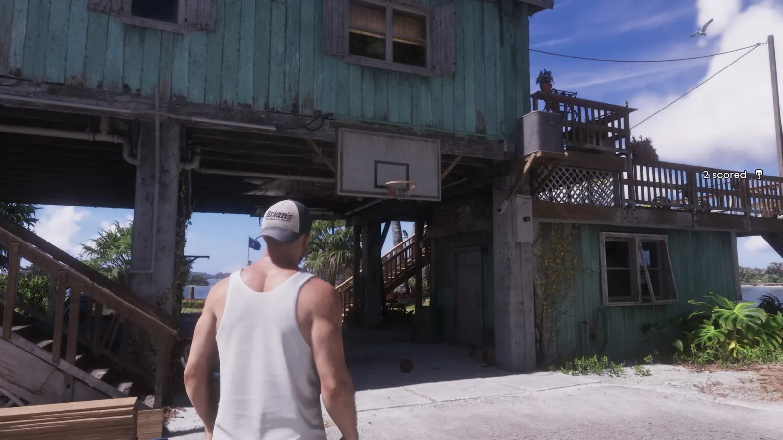A basketball hoop under a stilt house on the water, from the GTA 6 Extended Look