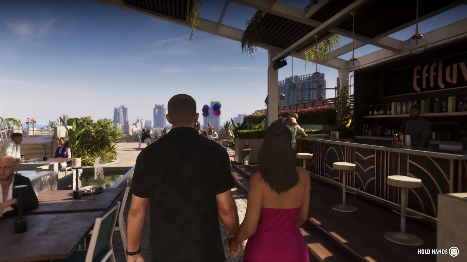 Jason and Lucia arriving hand in hand at the Effluvia rooftop bar, from the GTA 6 Extended Look