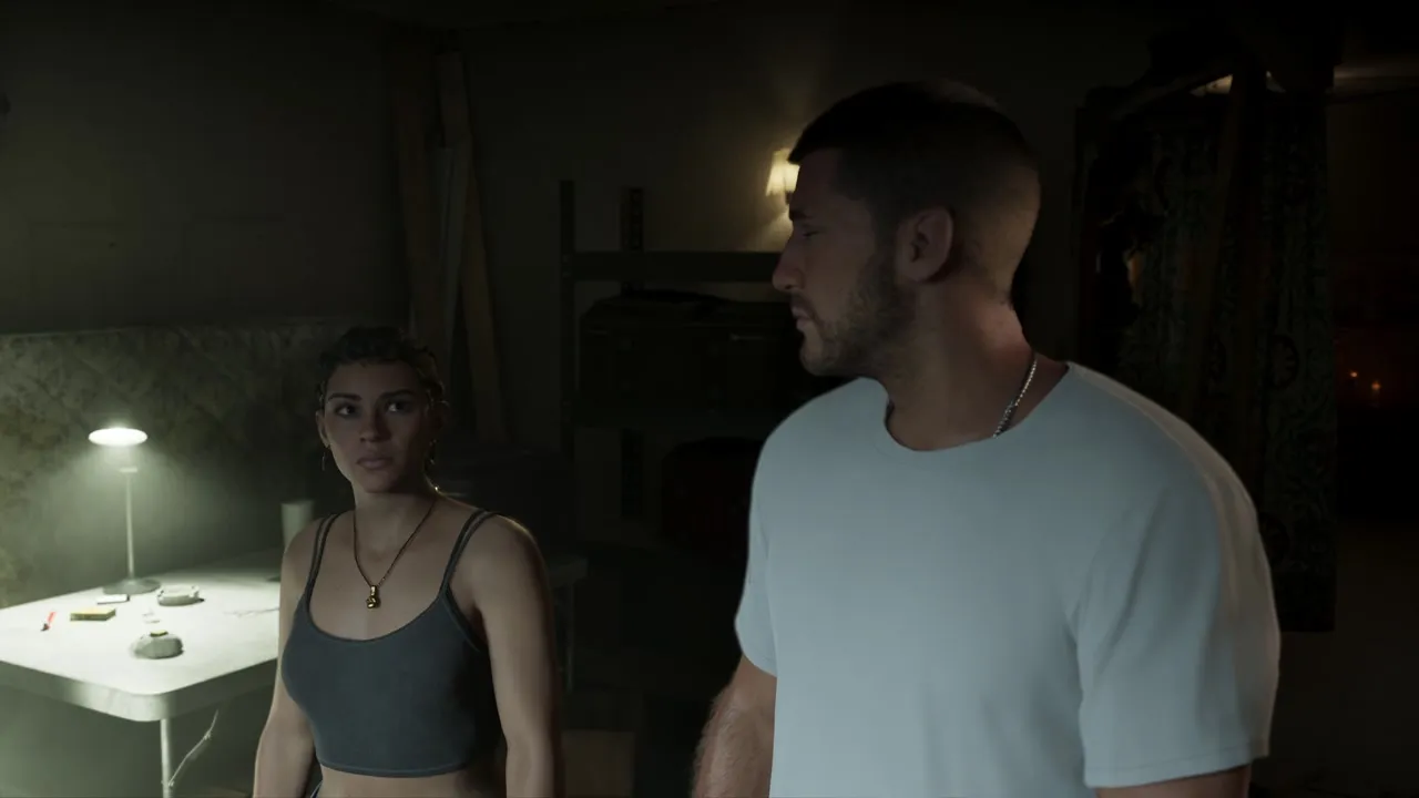 Lucia and Jason talking in a dim room, from the GTA 6 Extended Look