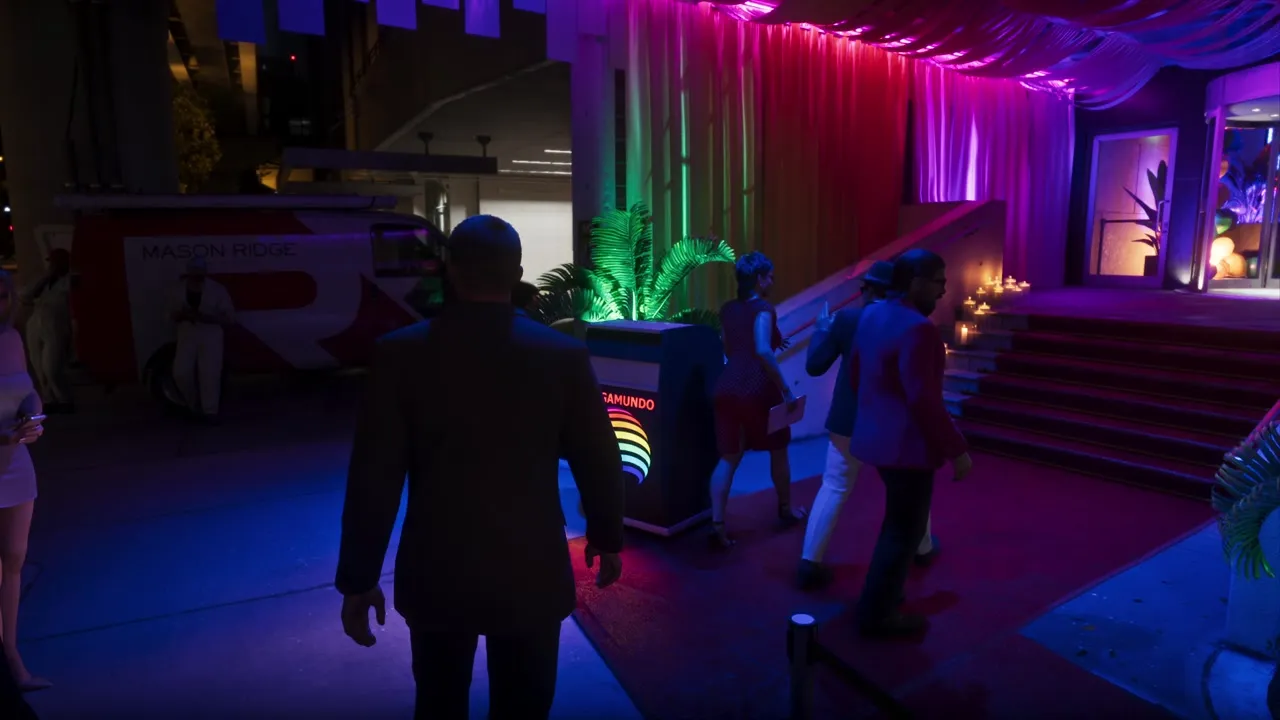 A neon-lit club entrance at night with a crowd on the steps, from the GTA 6 Extended Look