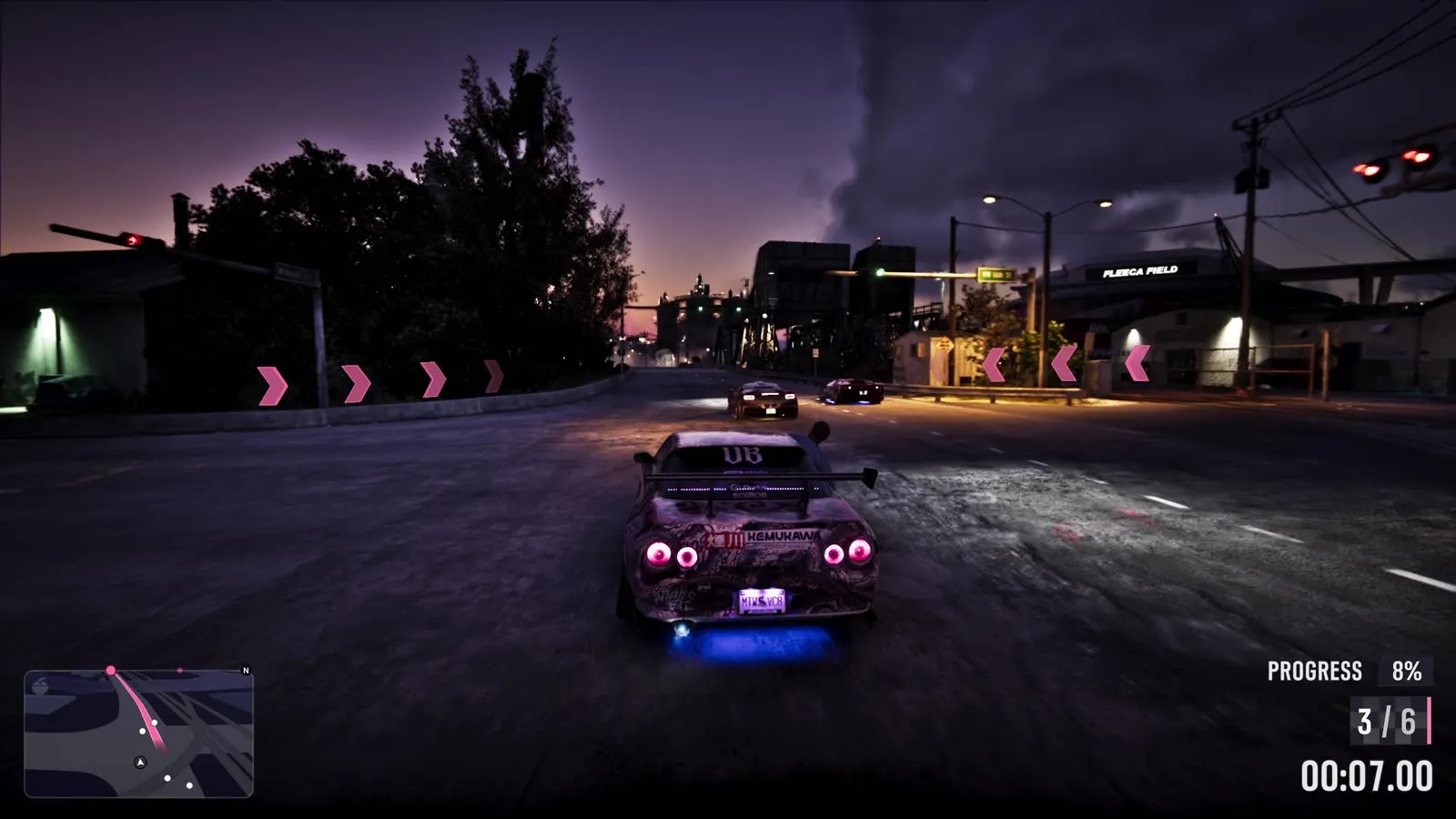 A night street race with checkpoint arrows and a progress readout, from the GTA 6 Extended Look