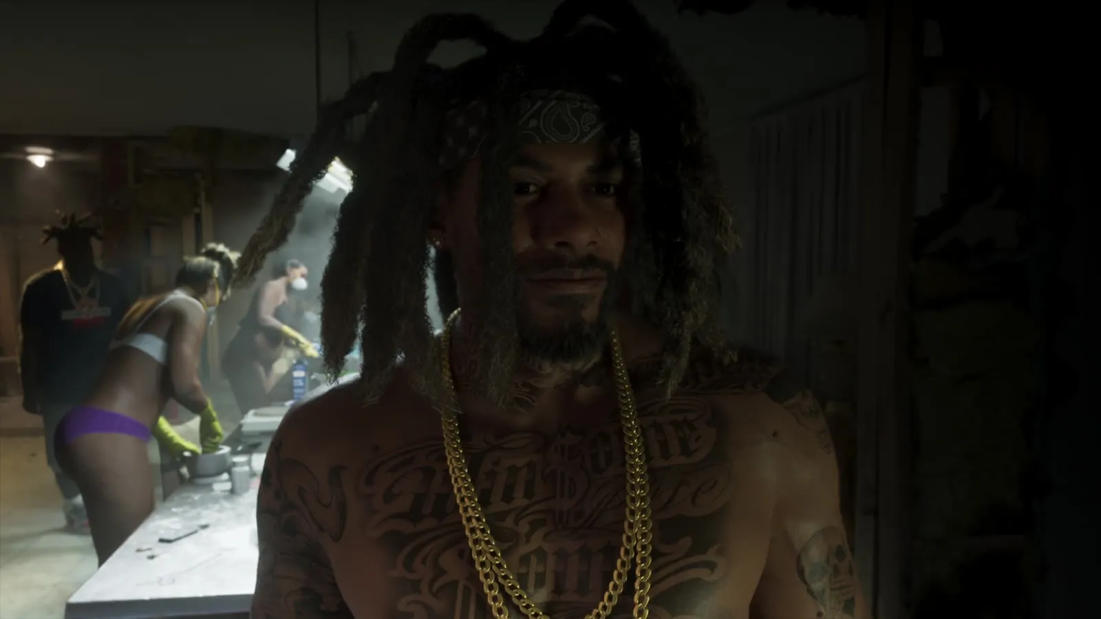 A crew member in the trap house at the start of the GTA 6 Extended Look