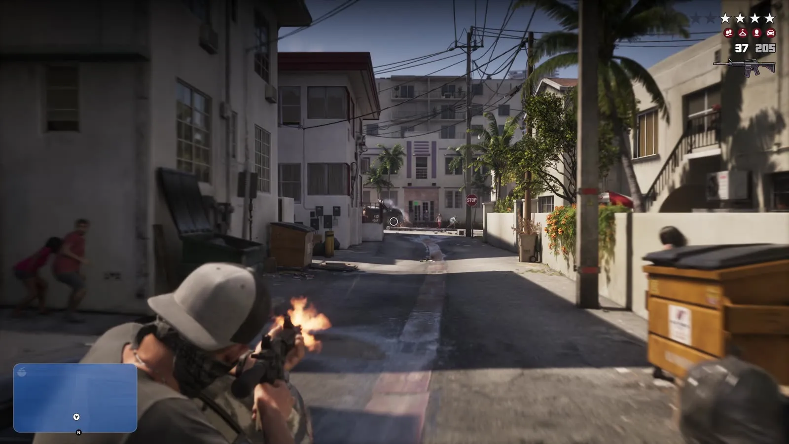 The reworked wanted meter in Grand Theft Auto VI, four lit stars over a row of red icons for the player's face, clothes, companion and car, above a masked shooter firing down a Vice City alley.