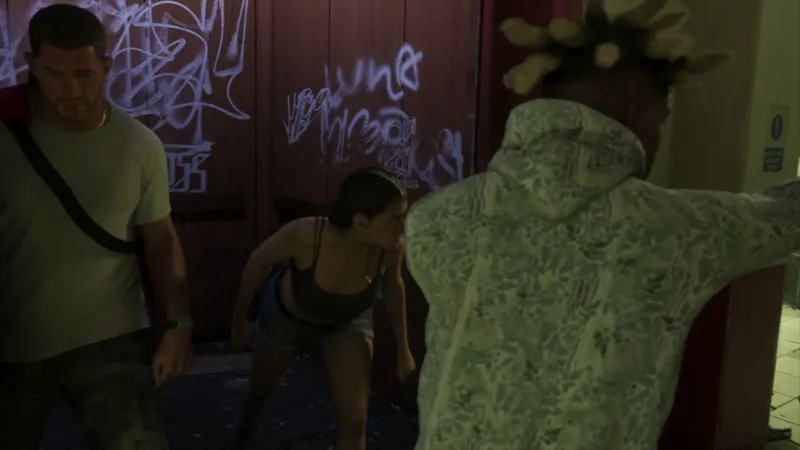 Jason e Lucia escono passando davanti al muro dei graffiti, dall'Extended Look di GTA 6