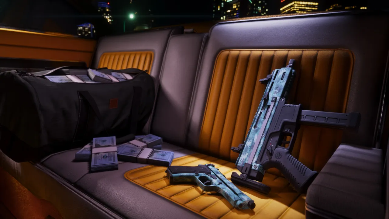 Render ufficiale del Vintage Vice City Pack con la mimetica tropicale per armi: motivo a palme verde acqua su una pistola e una mitraglietta appoggiate sul sedile di un'auto