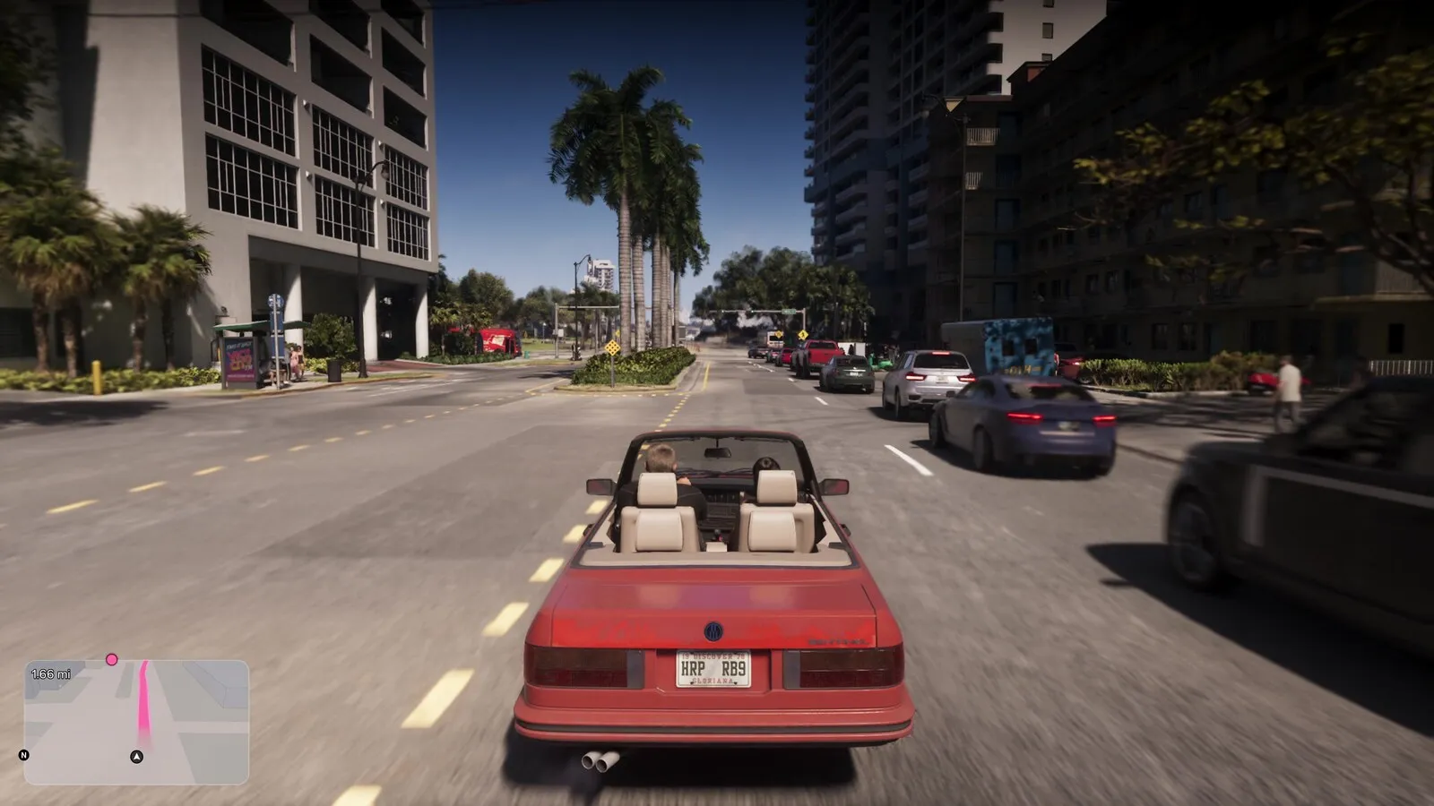 A red Übermacht Sentinel convertible driving a palm-lined Vice City avenue, from Grand Theft Auto VI, An Extended Look