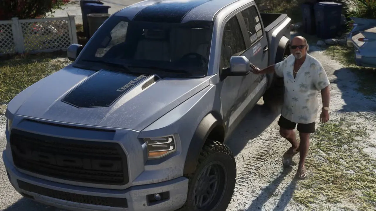 Vapid Caracara pickup truck in an official GTA VI Trailer 2 still - the Caracara hood decal is visible on the silver truck