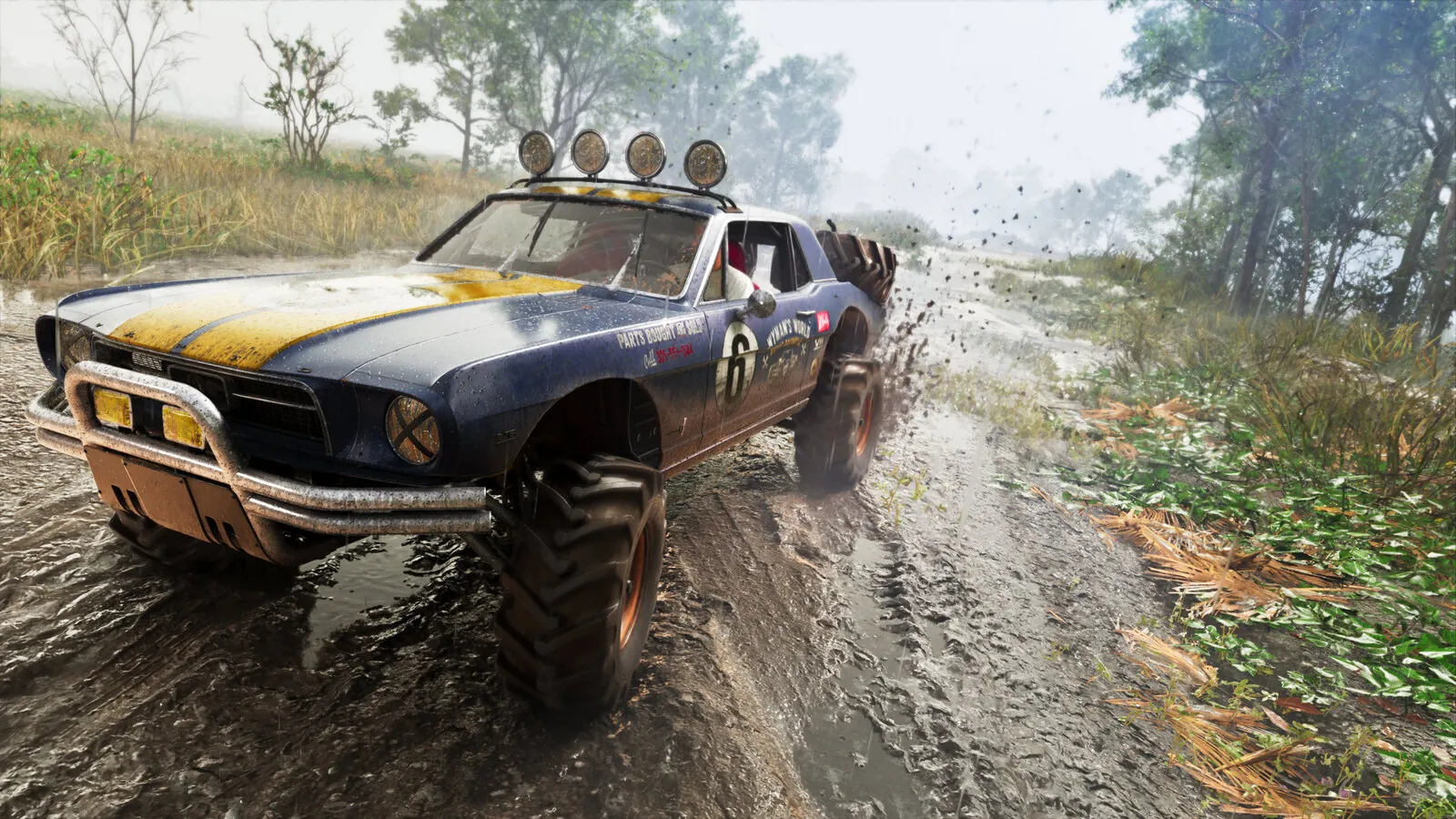 Official Rockstar render of the '67 Vapid Dominator Buggy, a cut-down muscle car on knobbly tyres throwing mud on a wet trail, a GTA VI Ultimate Edition vehicle