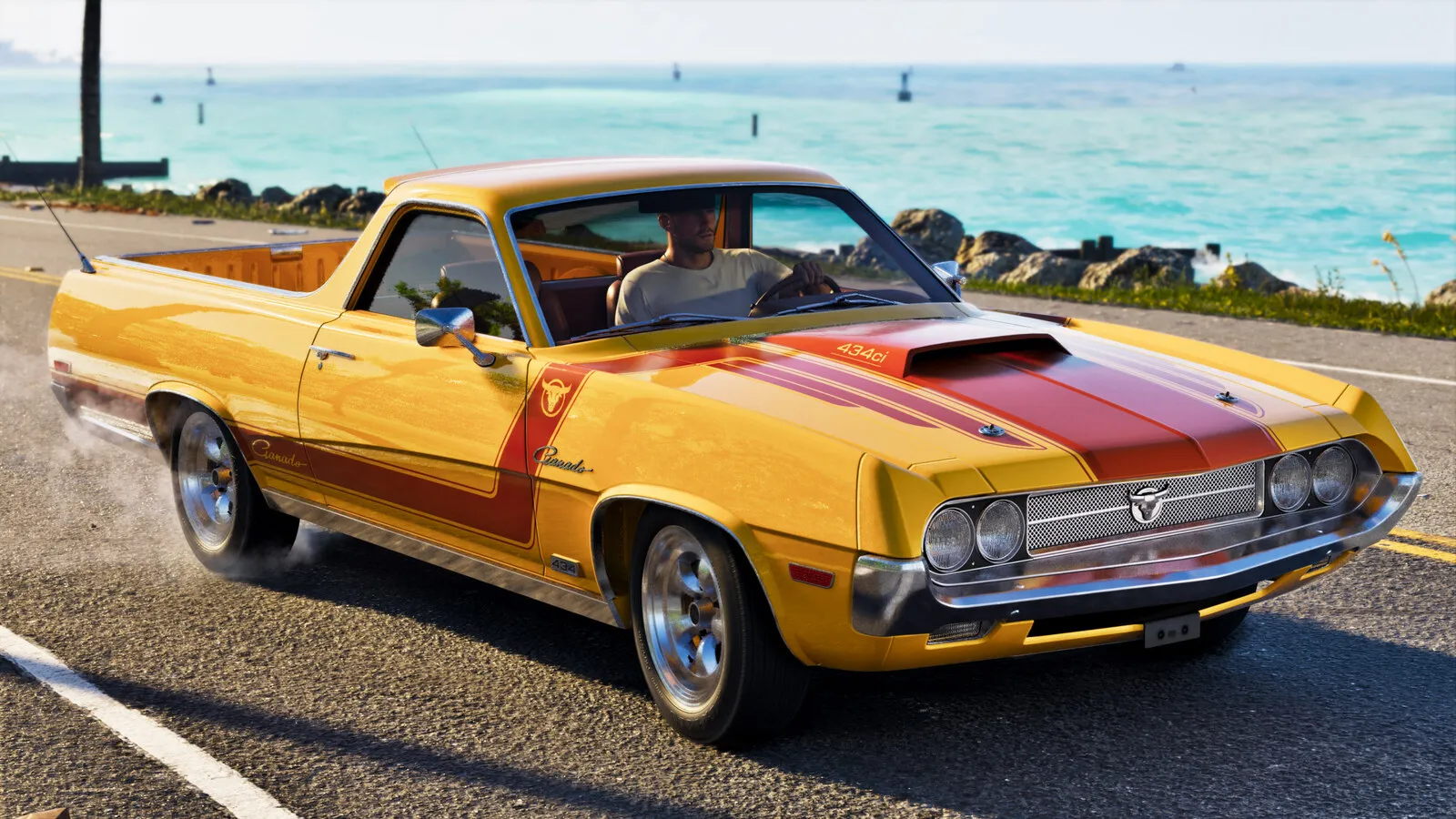 Official Rockstar render of the Vapid Ganado, a yellow and orange 1970s coupe utility pickup parked on a coast road, a GTA VI Ultimate Edition vehicle