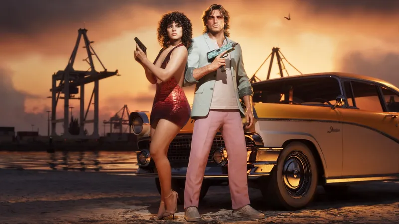 Jason and Lucia beside a cream '55 Stanier at a port at sunset, Jason holding the palm-pattern submachine gun