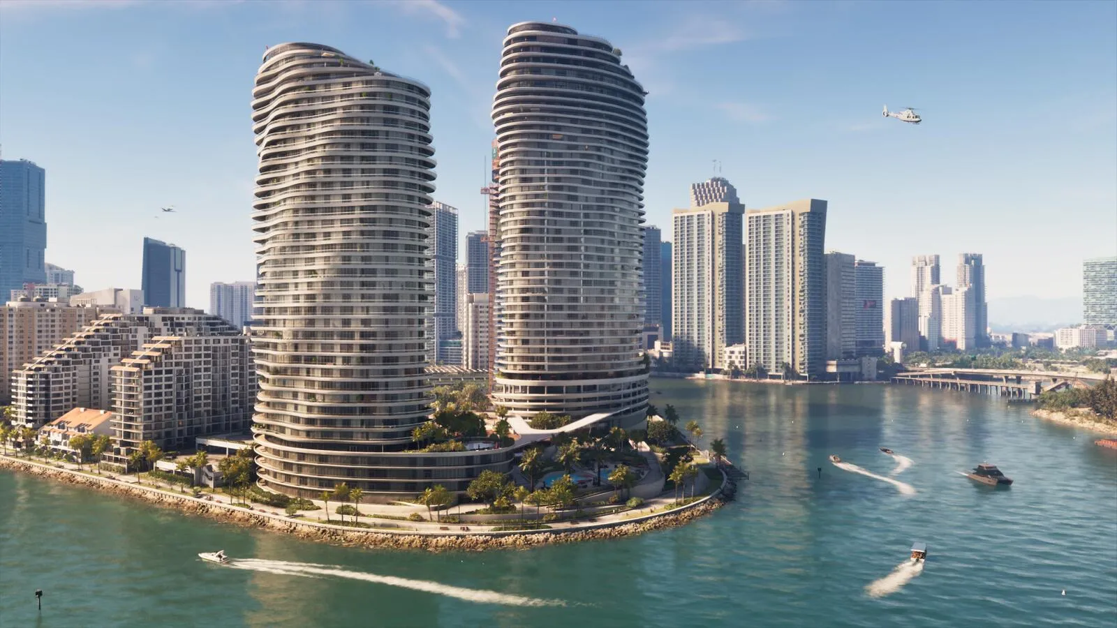 Downtown Vice City skyline over the bay, two curved towers on the waterfront and a helicopter passing, official GTA 6 screenshot.