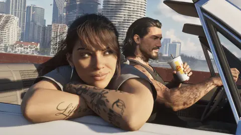 A tattooed woman leaning on the door of a white convertible while the driver holds a soda, Vice City towers behind
