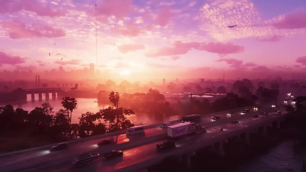 Panorama Vice City o zmierzchu, jak pokazano w zwiastunie zapowiadającym GTA 6