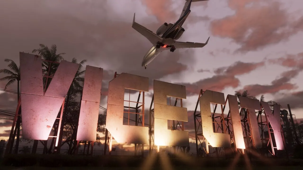 Vice City official screenshot from the GTA VI website - a jet flying over a sign that says Vice City