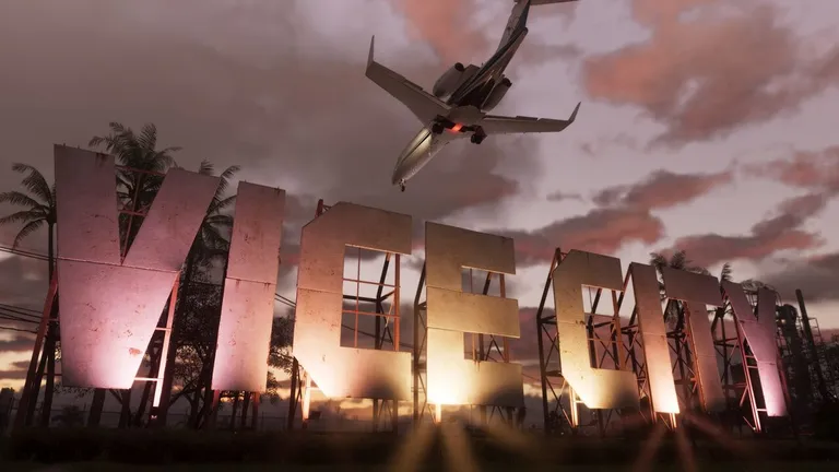 Vice City official screenshot from the GTA VI website - a jet flying over a sign that says Vice City