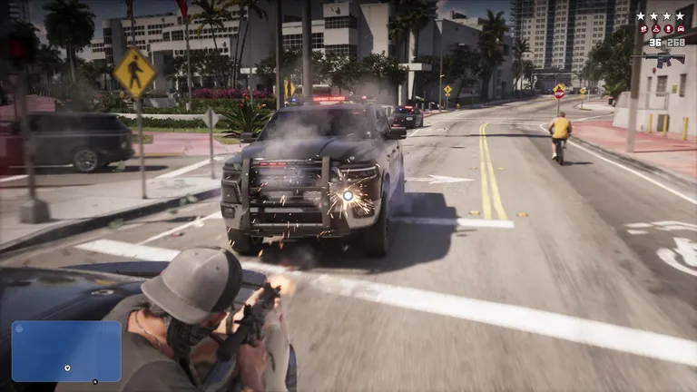 Firing on a police pickup with the wanted meter and an ammo count on screen