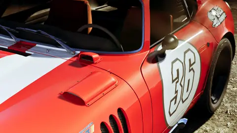 A red racer wearing the number 36 in the Wyman's yard, official Rockstar render
