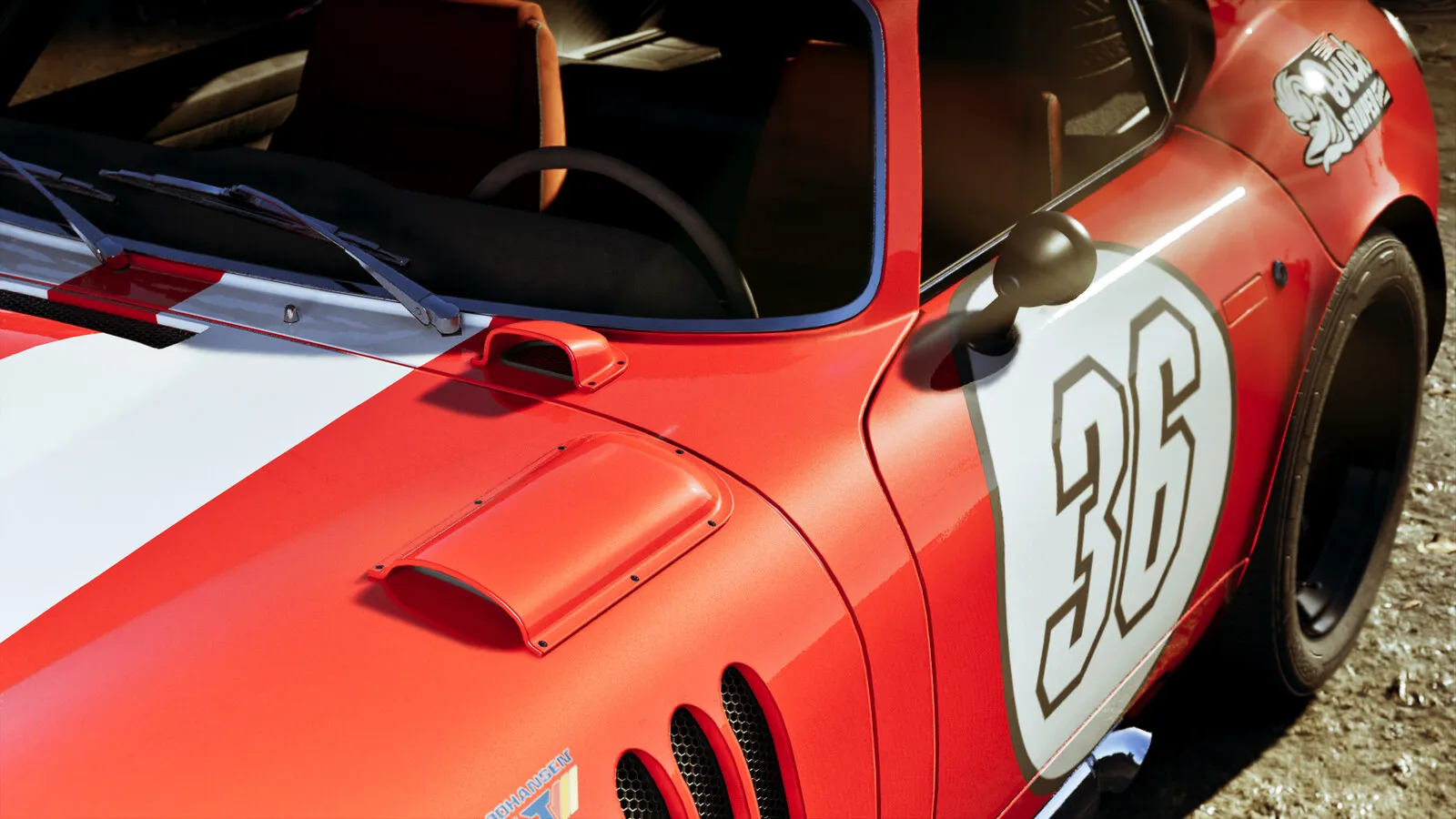 A red racer wearing the number 36 in the Wyman's yard, official Rockstar render
