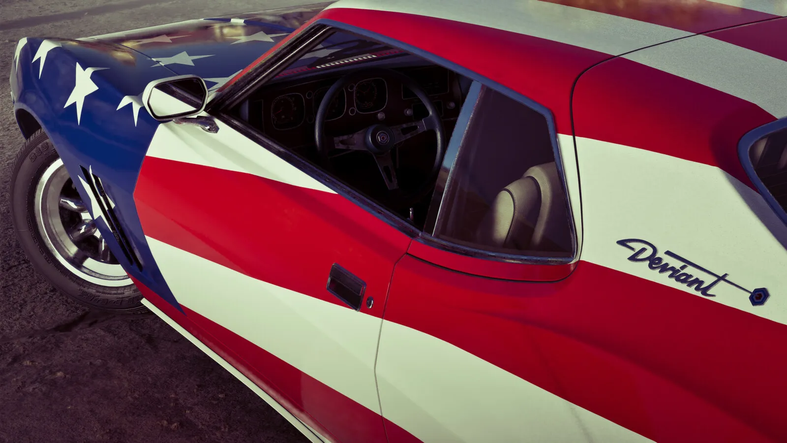 A stars-and-stripes muscle car in the Wyman's yard, official Rockstar render