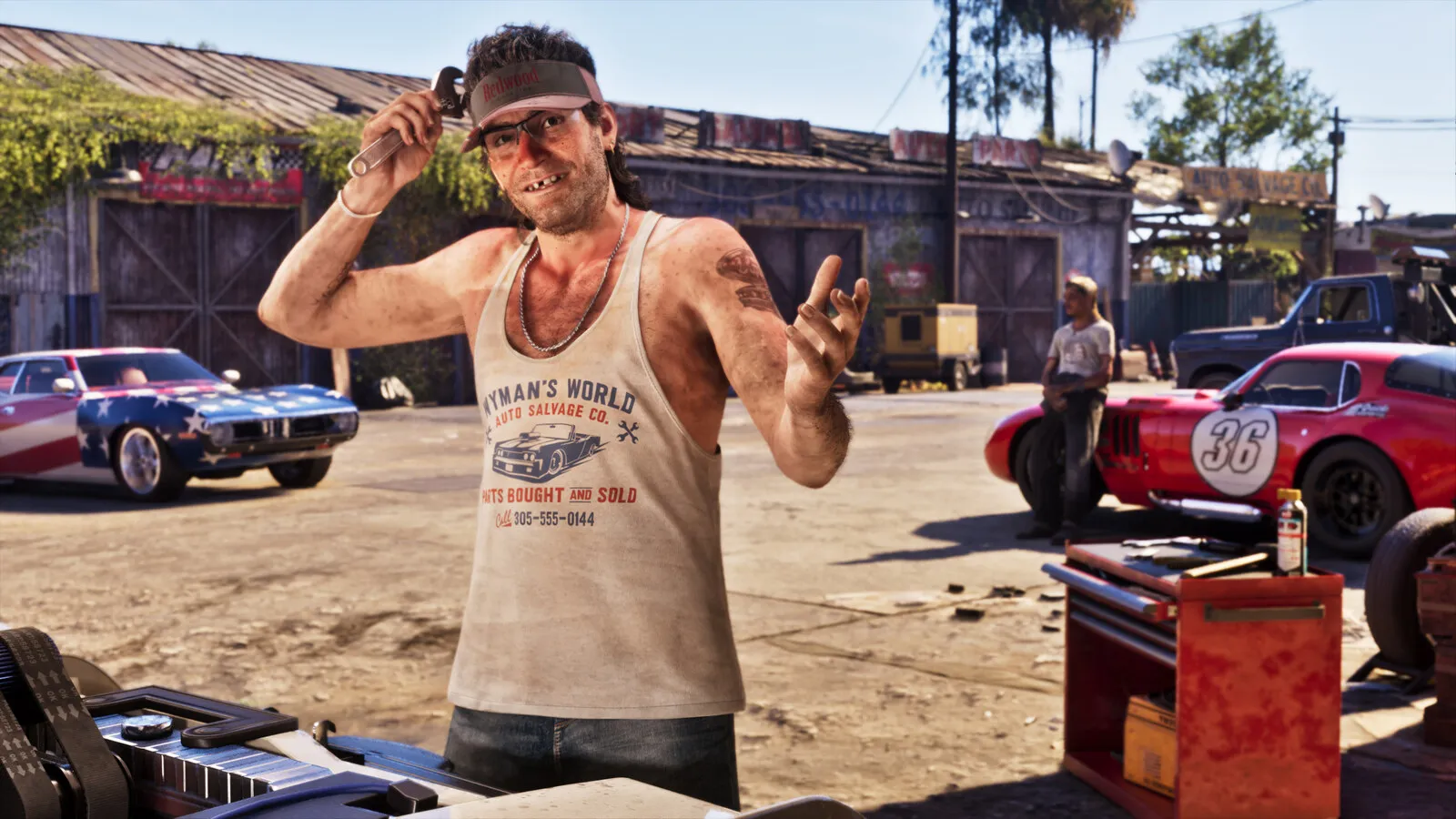 Official Rockstar render of the Wyman's World Auto Salvage yard with its owner and project cars, a GTA VI Ultimate Edition benefit